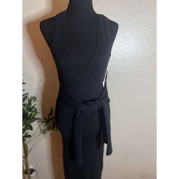Good American Dress Black Belted BodyCon Ribbed Sleeveless Knit Size 3 Large NWT - Picture 2 of 6